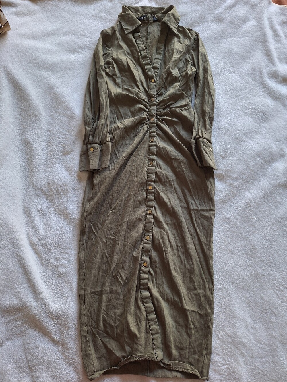 Zara Linen Blend Ruched Front Midi Shirt Dress Size S Olive Khaki Button Up